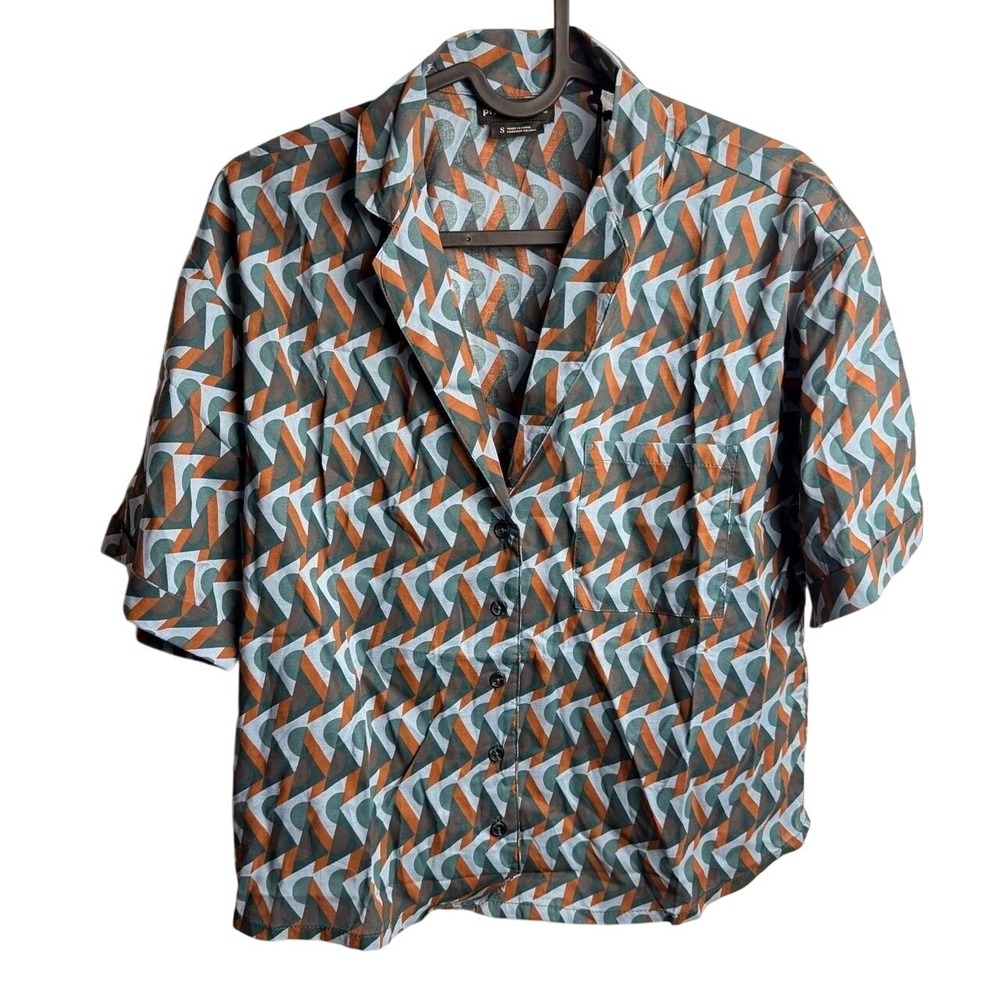 Prana Womens Iguala Top S High Tide Retro Geo Short Sleeve Button Down‎ Shirt
